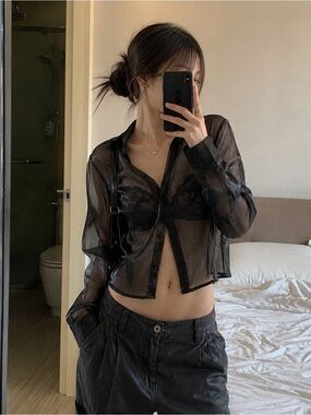 NWT 18 Centimeters Black Sheer Button Up Blouse XL